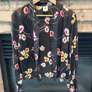 Cabi Floral Button-Up Blouse in Black with Pink & Yellow Flowers
